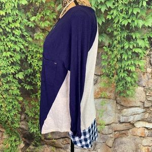 LITTLE YELLOW BUTTON Gingham Hem Mixed Media Navy Burnout Long Sleeve Tee, L